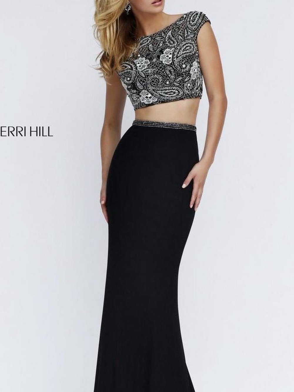 Sherri Hill Black and Silver Beaded Two-Piece Evening Dress